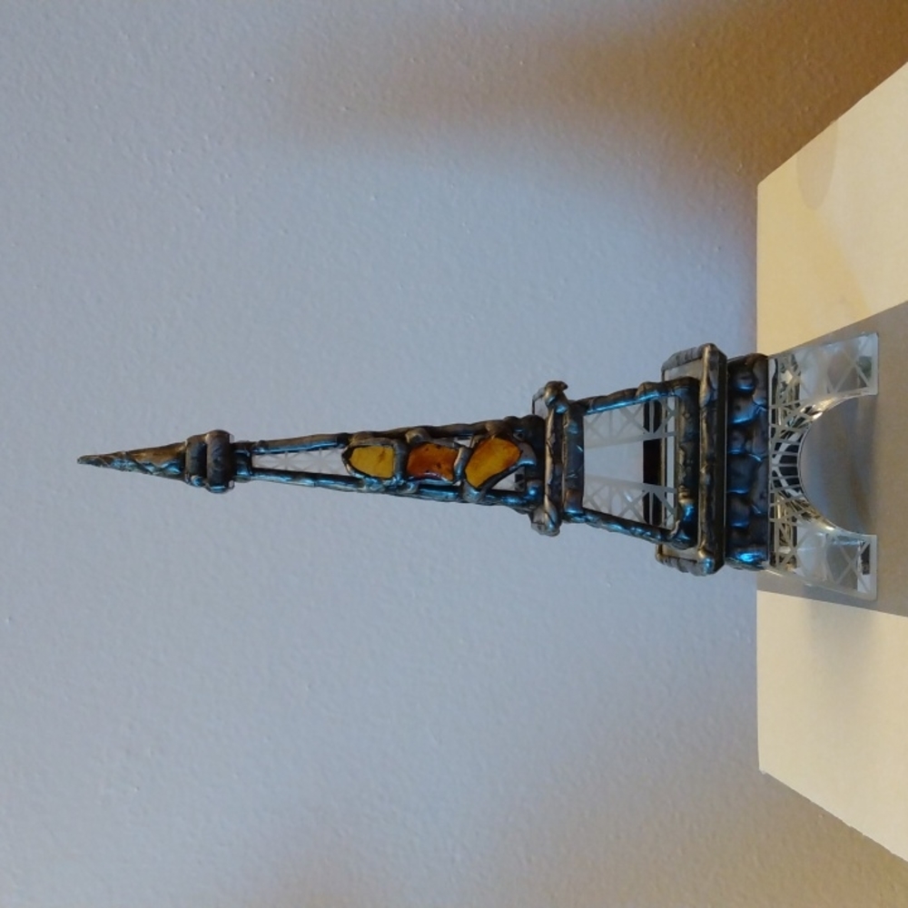 Eiffel Tower Etched Glass Figurine with Amber Stained Glass Style Framework Art